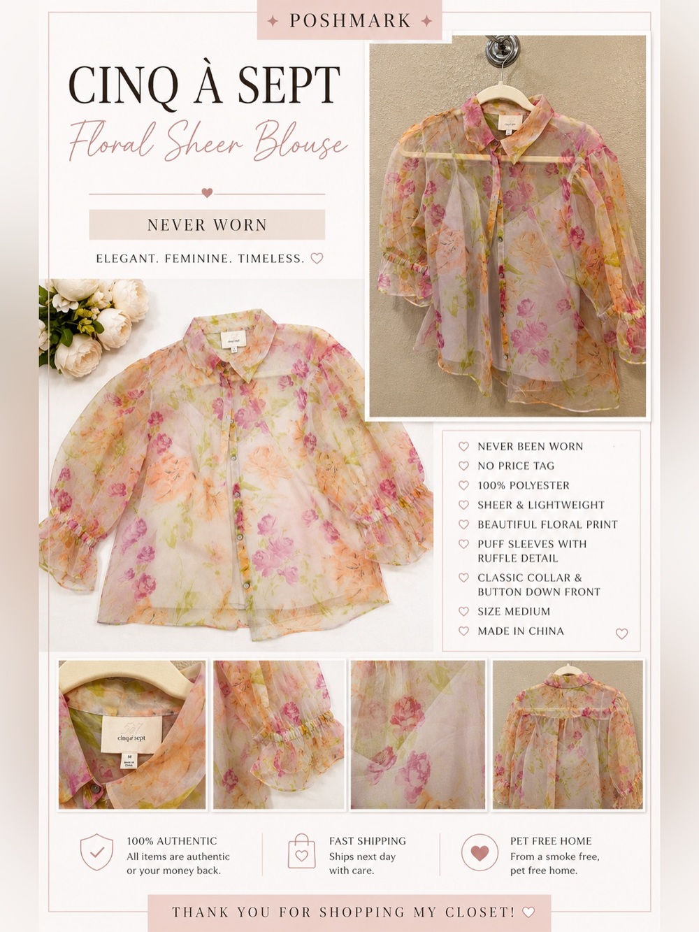 cinq a sept Sheer Floral Button-Front Blouse in Pink, Peach & Green
